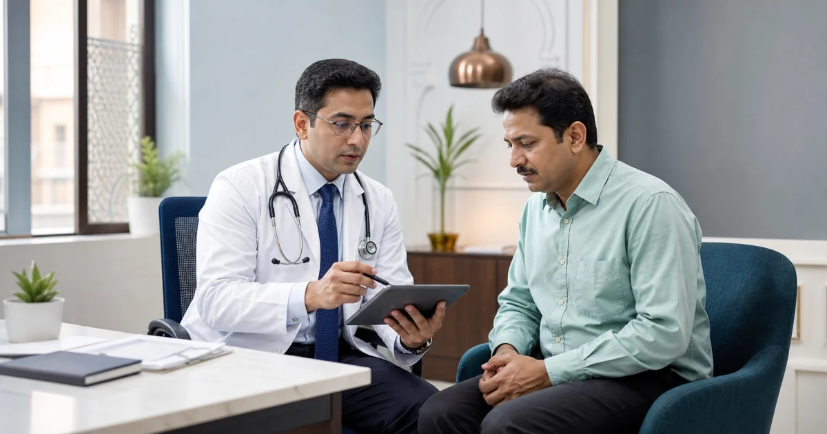 A Lucknow urologist explaining a treatment plan to a patient