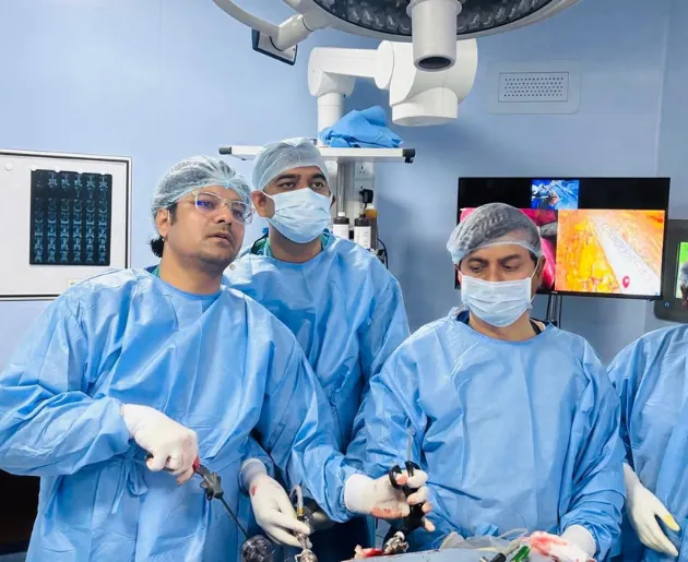 Dr. Aditya P.S. Sengar with the surgical team during a laparoscopic operation in hospital